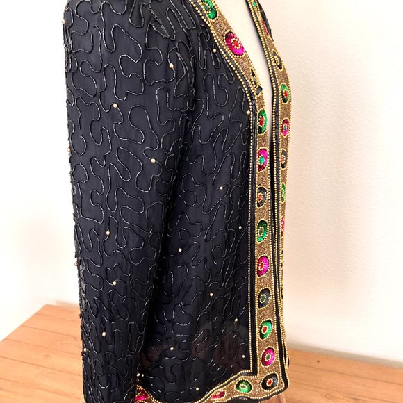 80's Silk Beaded Evening Jacket - Lawrence Kazar - SIze Petite Medium - Picture 10 of 11